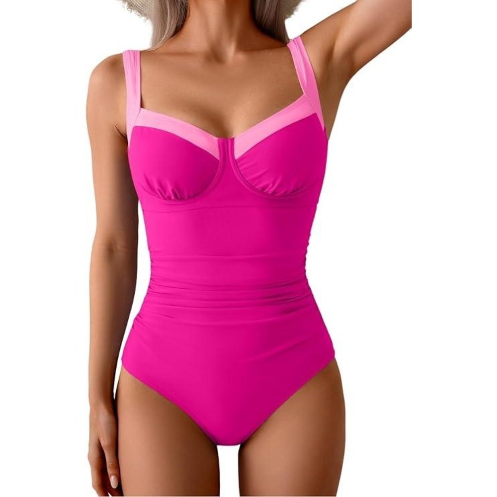 B2PRITY Womens Pink  Ruched Tummy Control One Piece Swimsuit Size M NEW
